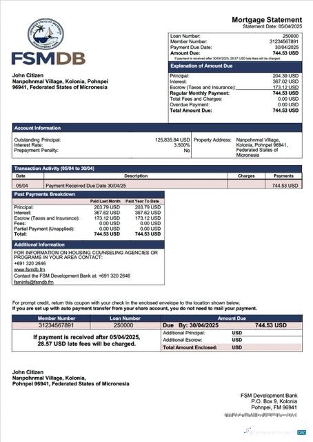 Download Micronesia FSM Development Bank mortgage statement Word and PDF template Photoshop template